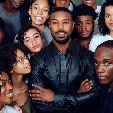 Arts High Alum Michael B. Jordan with current students during a 2019 Photo Shoot