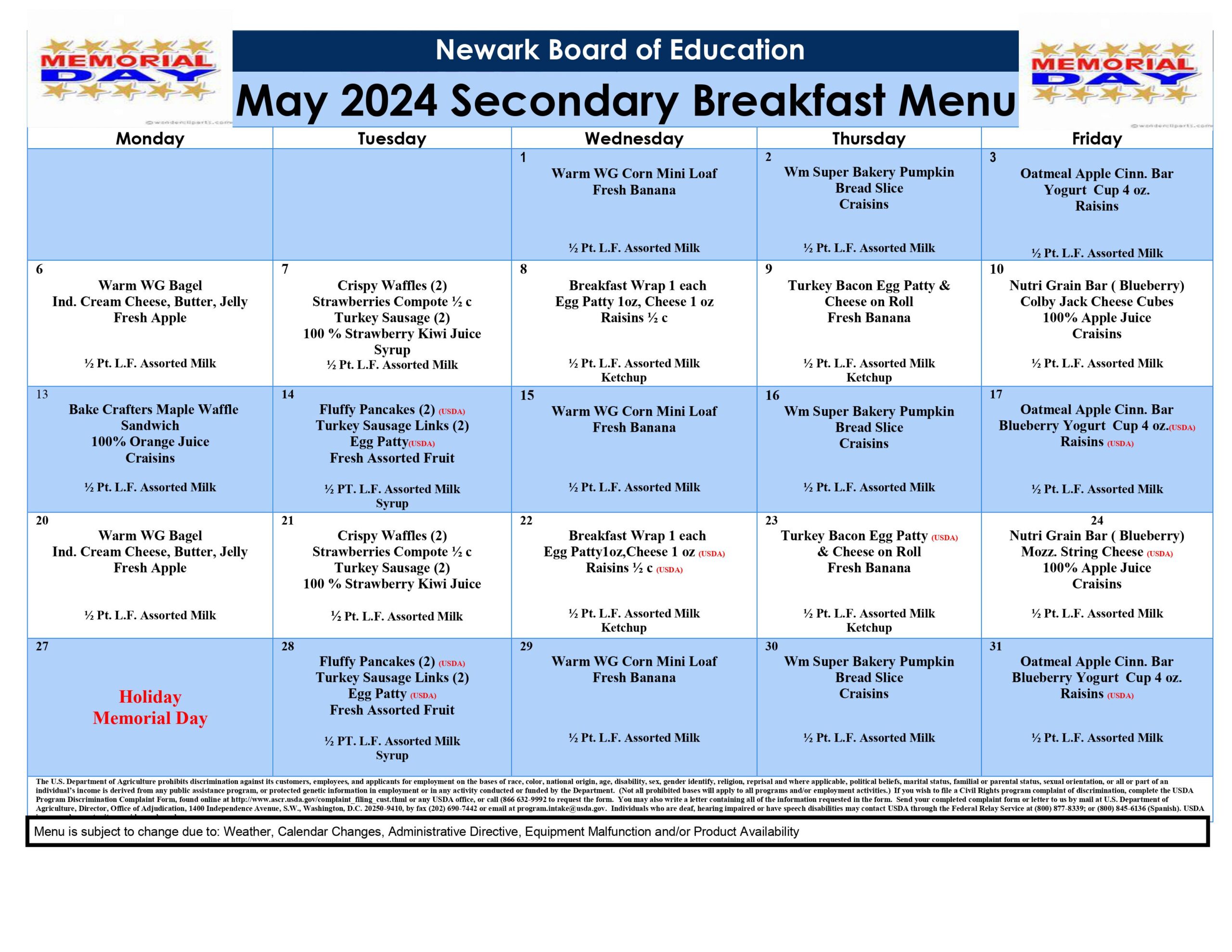 May 2024 - Secondary Breakfast Menu