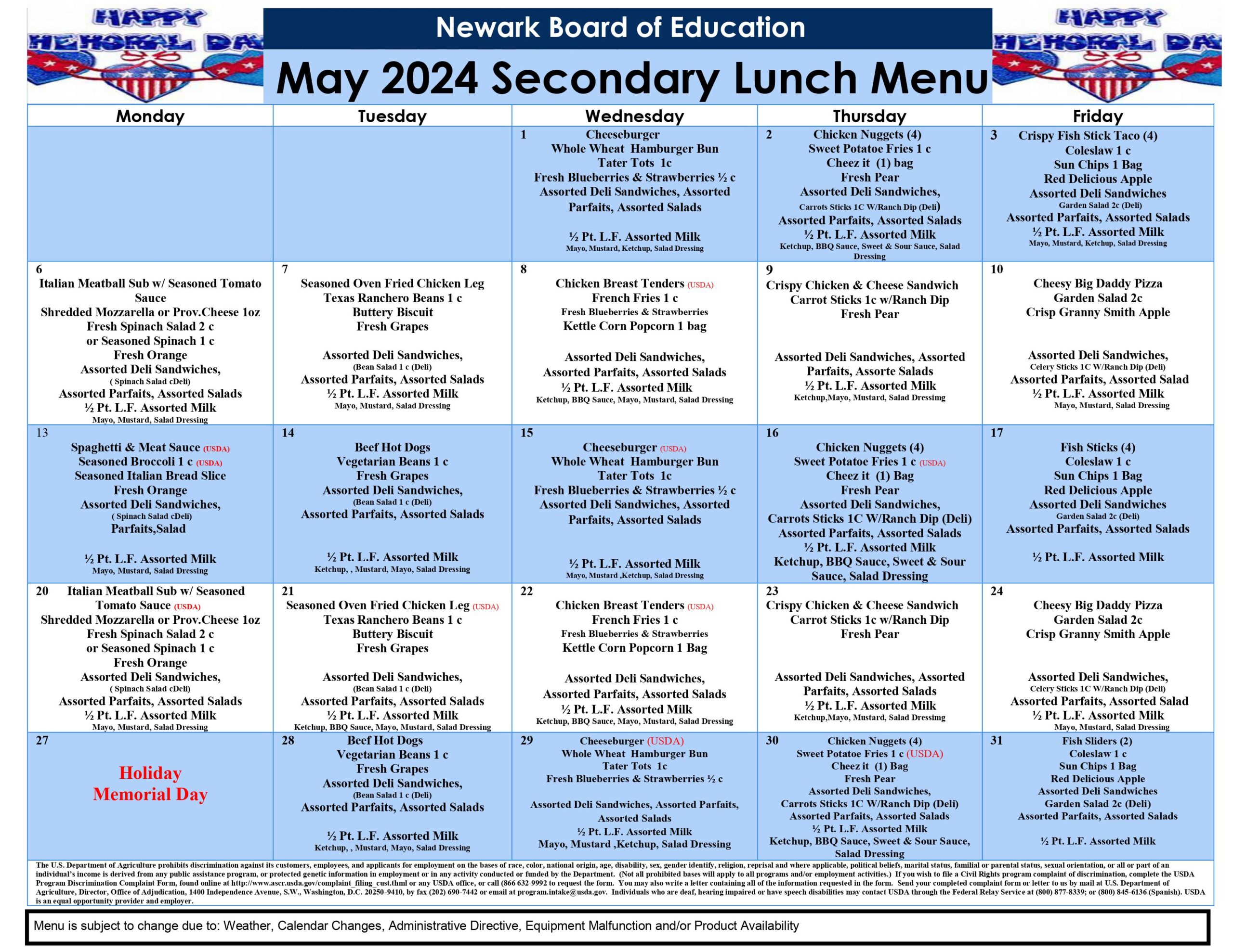 May 2024 - Secondary Lunch Menu