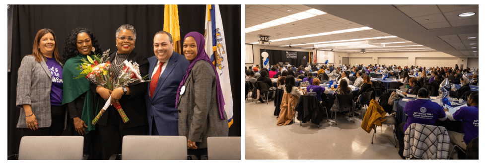 Director Michelina Thornton, Deputy Superintendent Nicole T. Johnson, Acting Commissioner Dr. Angelica Allen-McMillan, Superintendent Roger León, Board President Dawn Haynes, families and staff participate in the parent conference