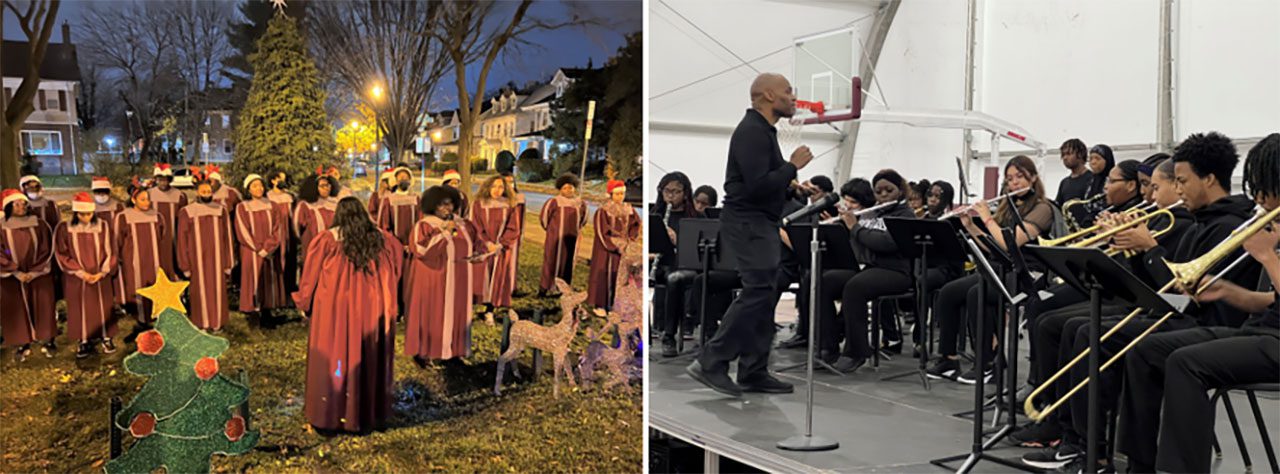 The University High School Choir and Band perform during the Community Holiday Tree Lighting and Awards Ceremony