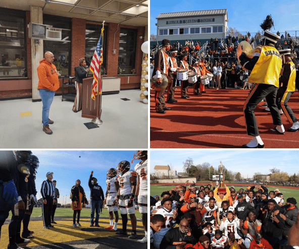 Principal Buckman and Principal Thomas speaking at the Unity Dinner (upper left); Board President Dawn Haynes with the coin toss (upper right); Weequahic HS and Malcolm X Shabazz HS marching bands battle (lower left); Weequahic HS football team, coaching staff and Principal Thomas with the trophy (lower right).