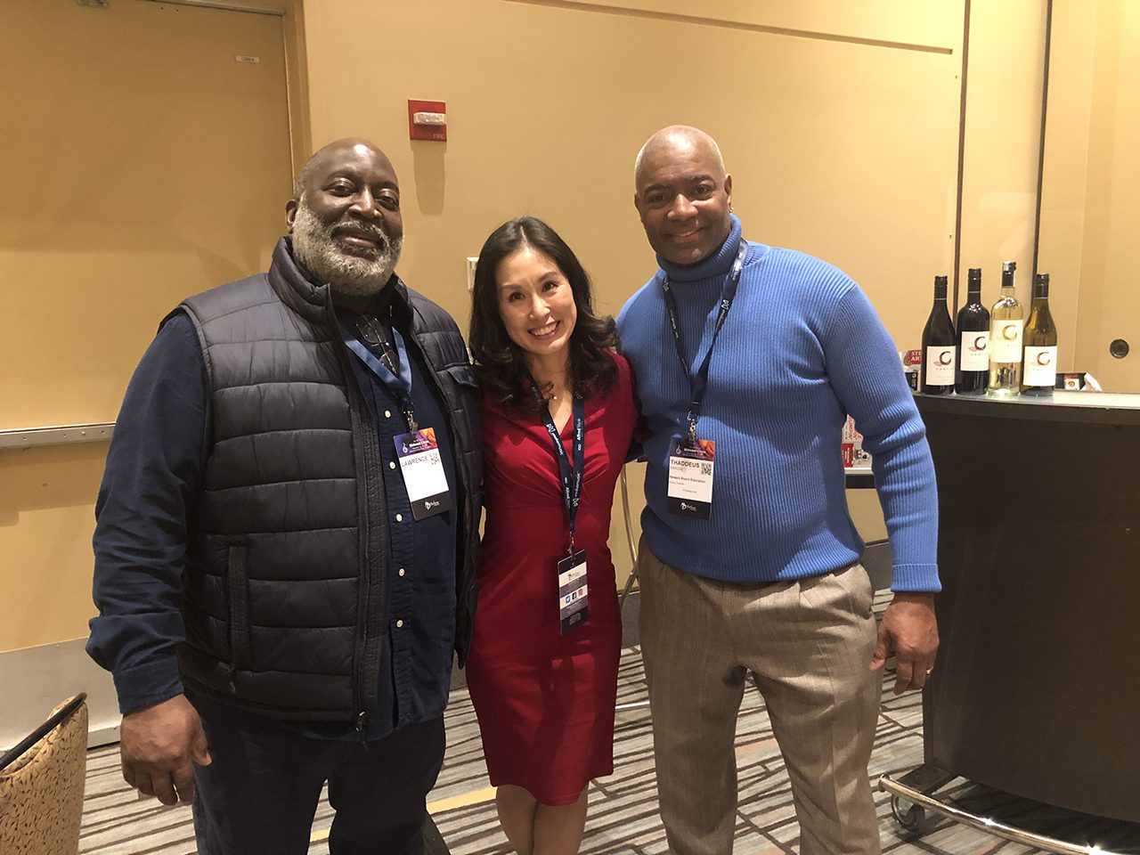 Music Educators Lawrence Liggins (Arts High School) and Thaddeus Expose (East Side High School) with Chiho Feindler from Save The Music attending the 76th Midwest Clinic International Band and Orchestra Conference in Illinois