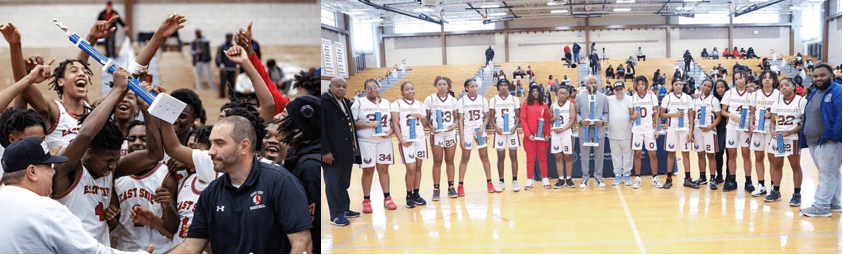 Photo 1: Superintendent Leon, Coach Anthony Tavares, and East Side Boys Basketball Team<br><br>
Photo 2: University Pic- Mayor Baraka, Coach Amiri Baraka, Superintendent Leon, and Board Member Hasani Council with University Girls Basketball Team