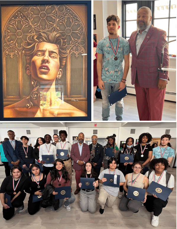 Left to Right: Arts High School student Jaret Perez’s Award Winning artwork titled “Golden Boy”; Jaret and Congressman Donald Payne during the awards ceremony at The Newark Museum of Art, Monday, May 8th, 2023; Group shot of other winners presented with medals and certificates during the ceremony
