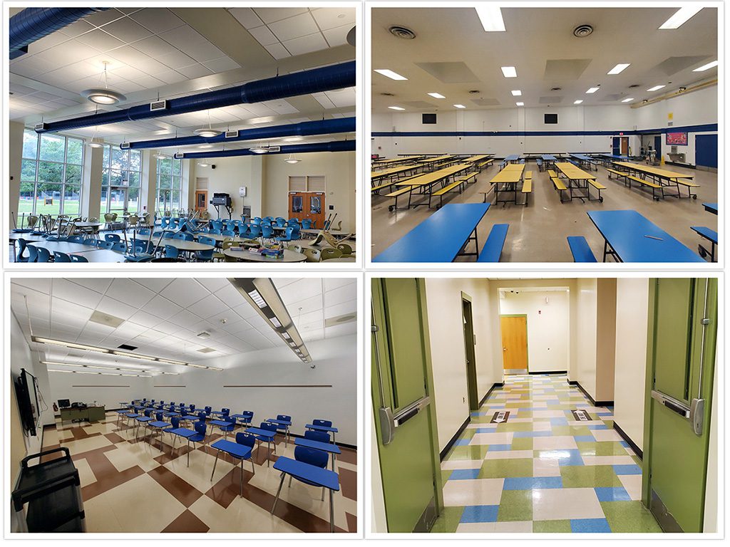 First Row: Park Elementary cafeteria; Quitman Street cafetorium
Second Row: Central High School classroom; Speedway Avenue first floor corridors