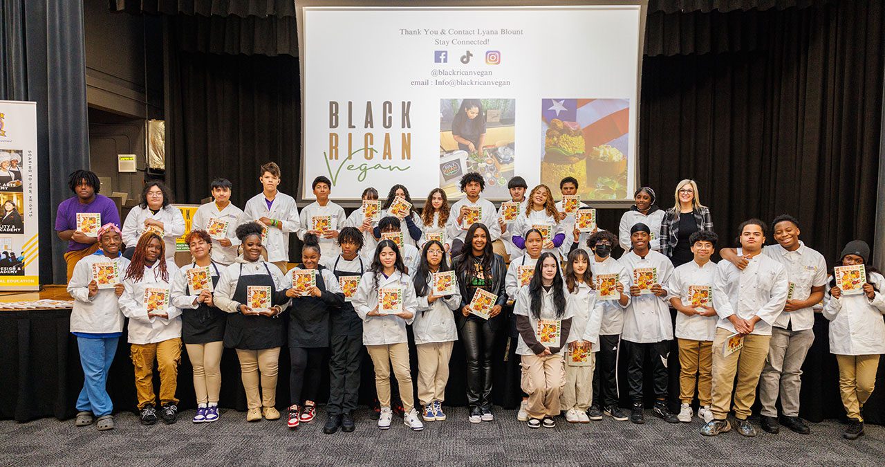 Black Rican Vegan Chef, Lyana S. Blount with Newark Vocational High School culinary students and Principal DeSantis